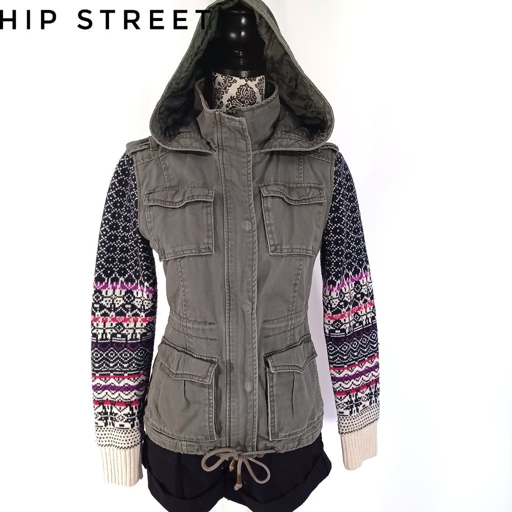 AEROPOSTALE Folk Print Knit Sleeve Zip Front Cotton Utility Hoodie Jacket S